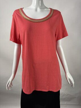 Coldwater Creek Womens Coral Short Sleeve Top With Gold Metallic Accent Size XL